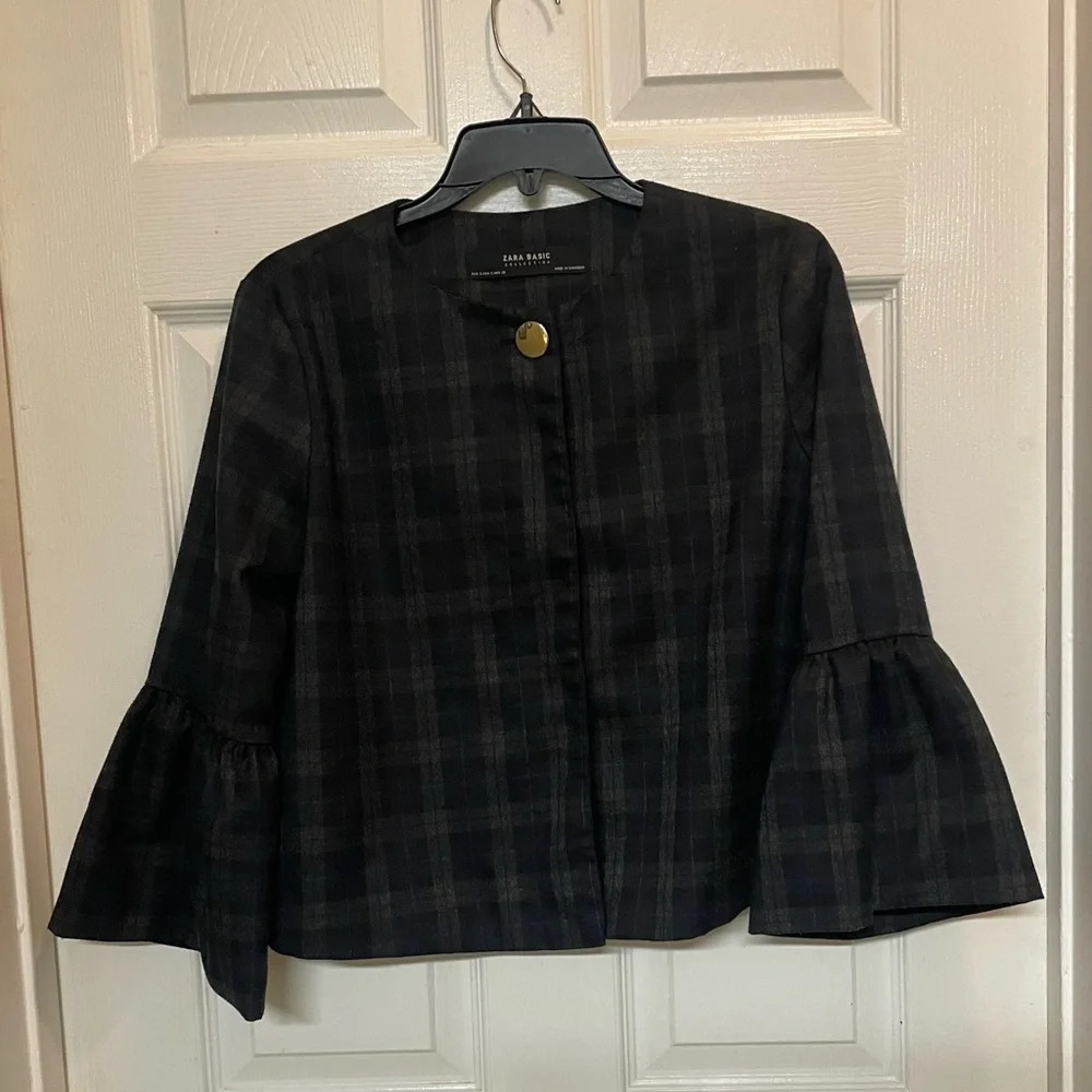 Zara Black Plaid Bell Sleeve Jacket